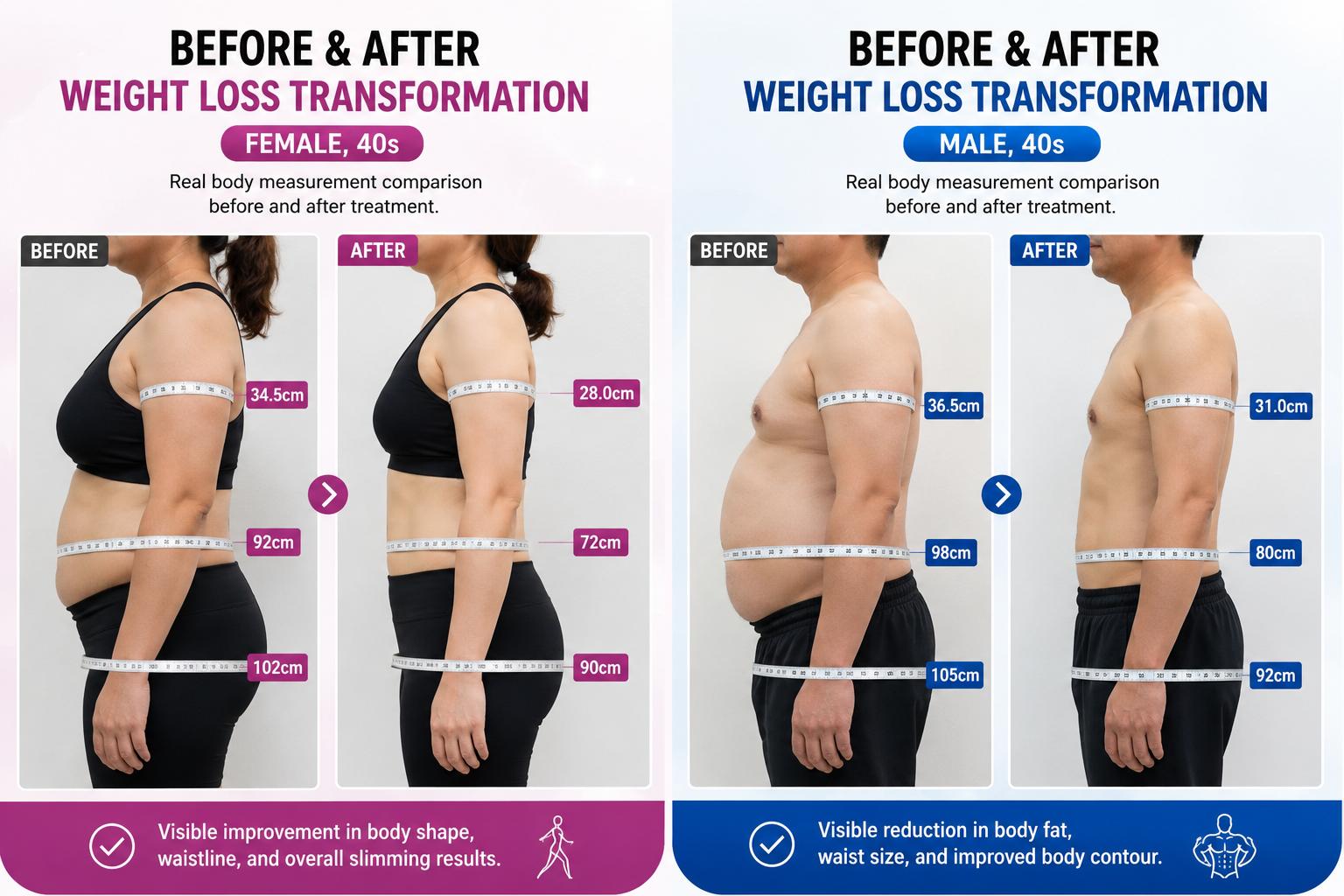 Before and after weight loss transformation — Female and Male, 40s