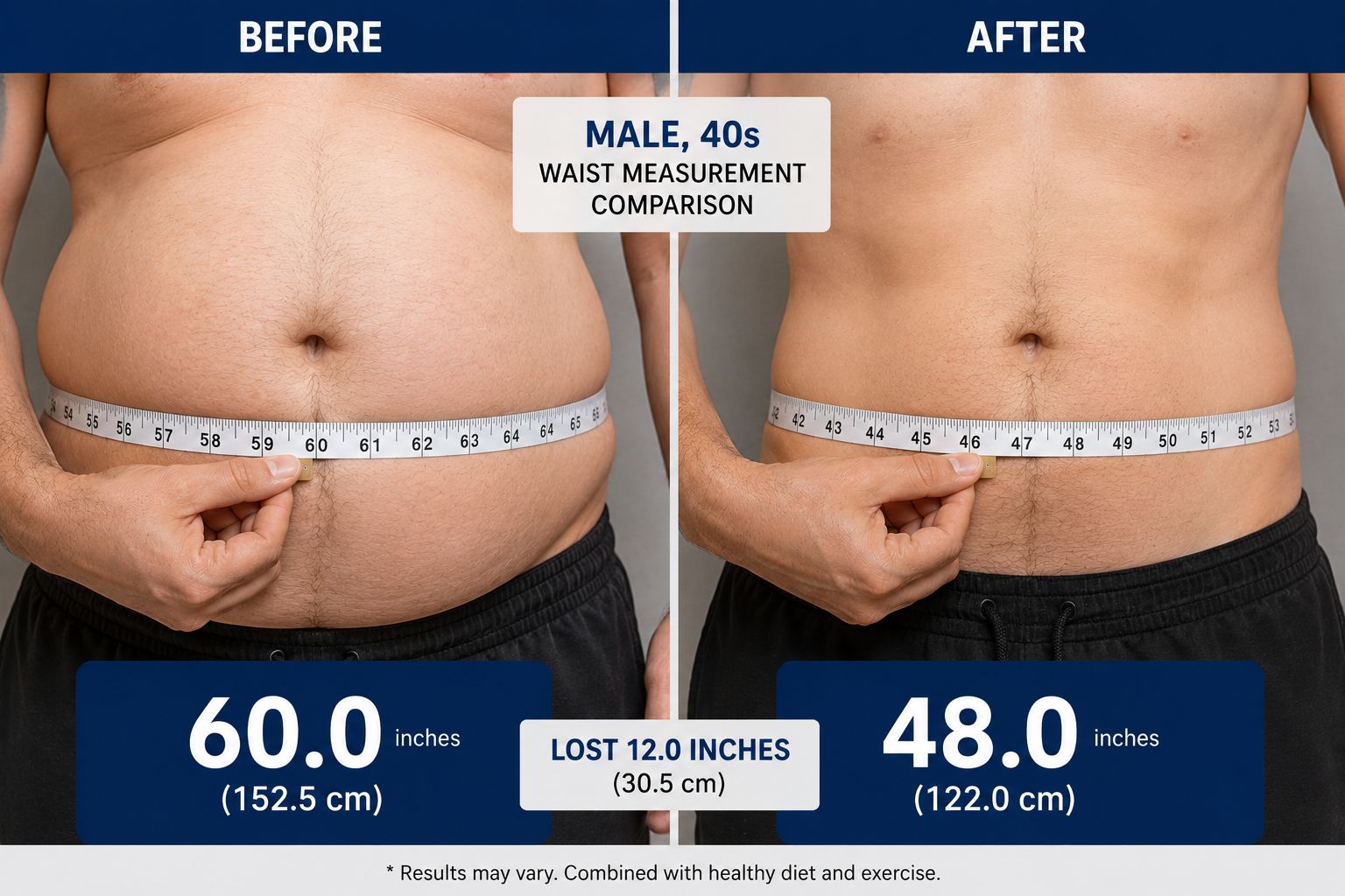 Waist measurement comparison — Male, 40s